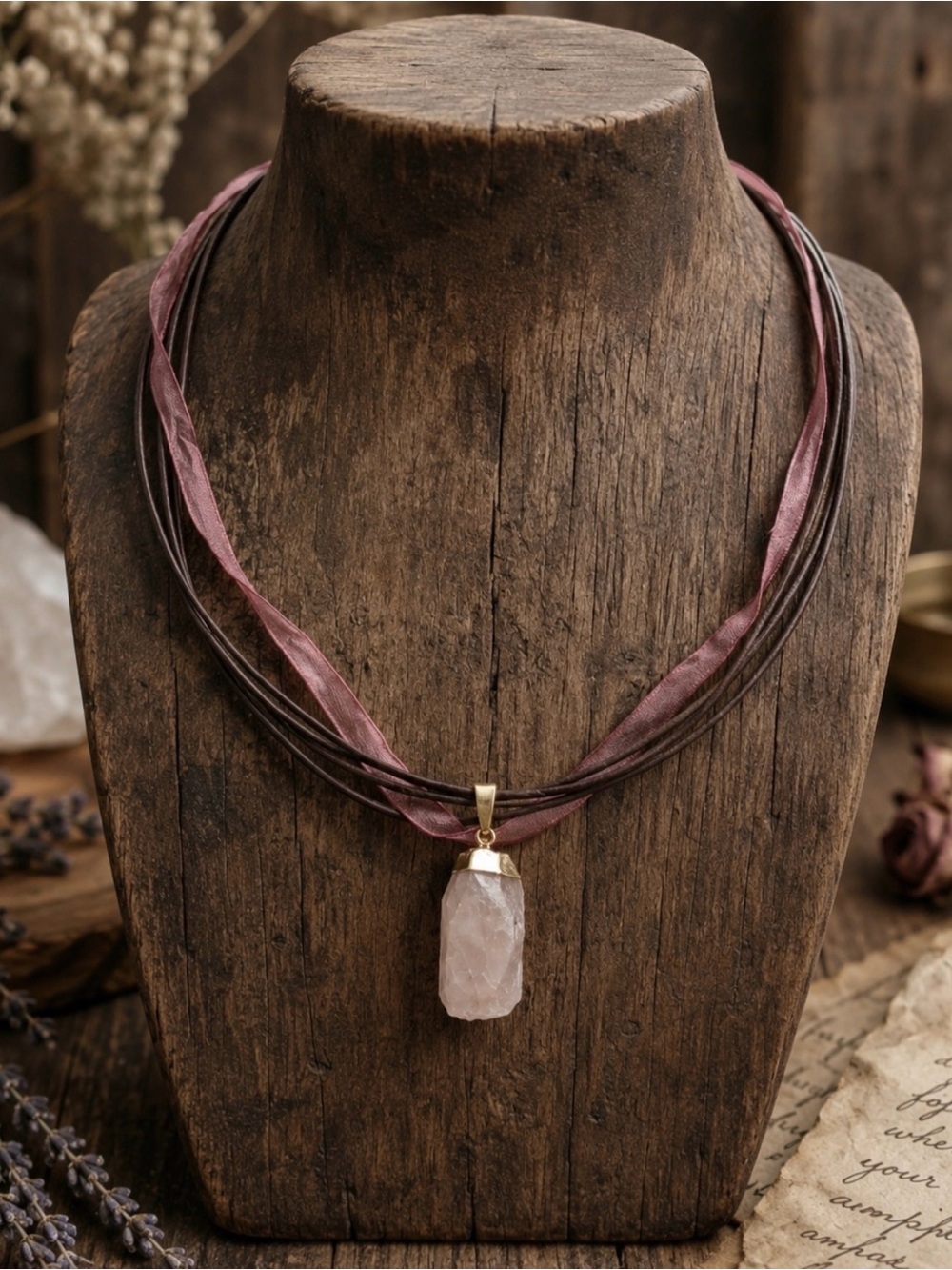 Rose Quartz Pendant Necklace with Pink Ribbon and Brown Cord